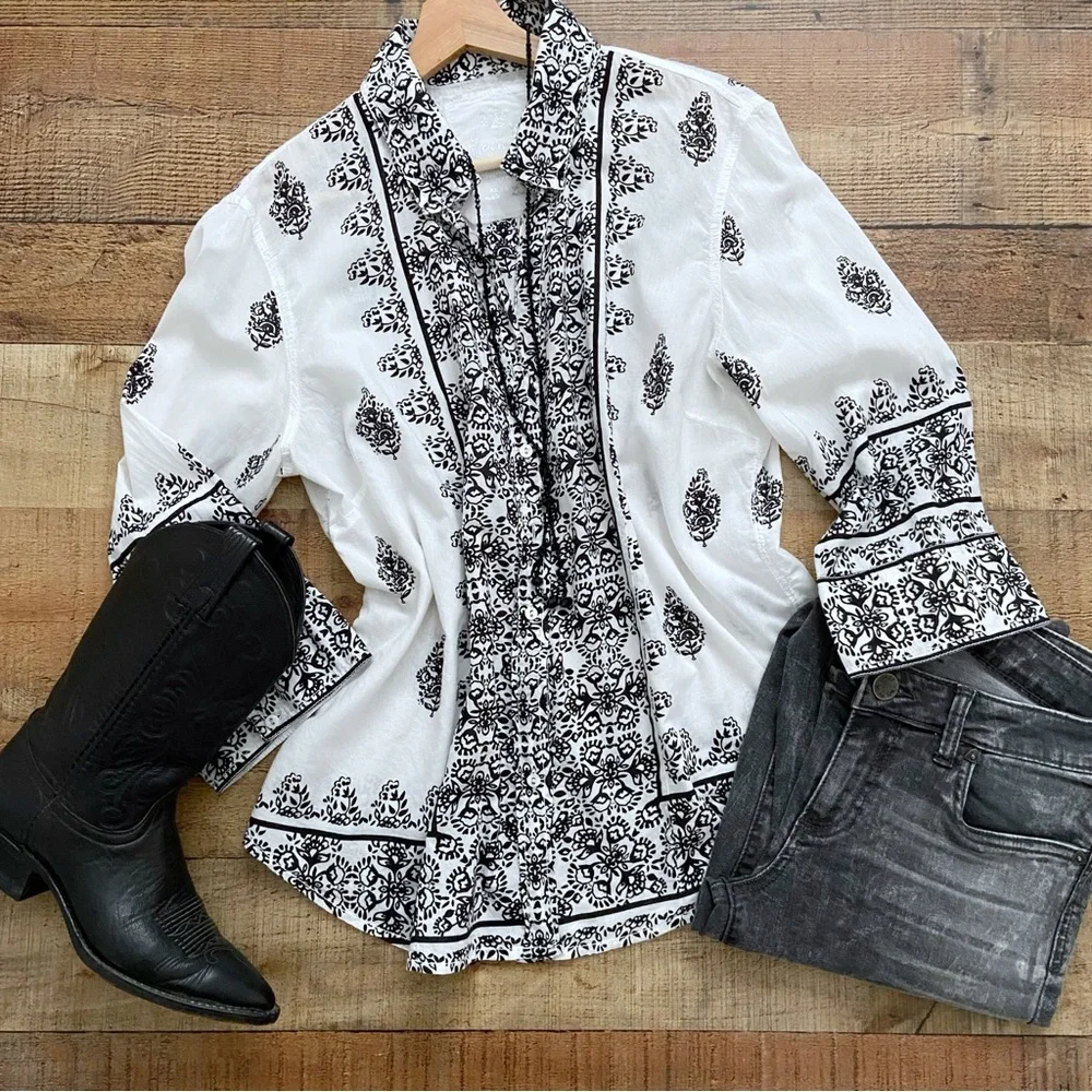 CINO ~ Sundance Blk/White Button Down Blouse - Picture 1 of 9
